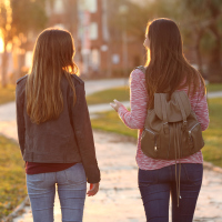 Back view of two friends walking together in a park at sunrise with a warm light in the background