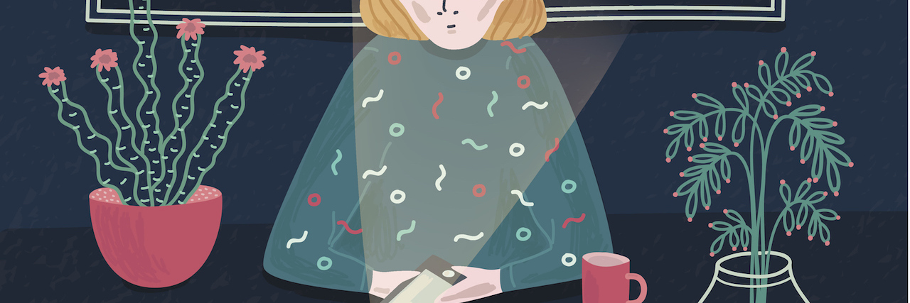 What Happened When I Gave Up Social Media While I Was Depressed A cartoon of a woman sitting at a desk with plants, looking at her phone