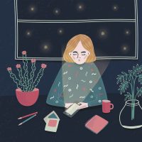A cartoon of a woman sitting at a desk with plants, looking at her phone