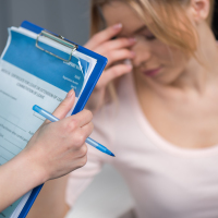 Cropped shot of nurse holding clipboard and pen while upset patient sitting behind