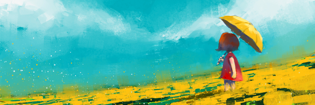 3 Self-Care Tips for People Living With an Undiagnosed Mental Illness digital painting of red dress girl holding yellow umbrella in yellow flower field, acrylic on canvas texture