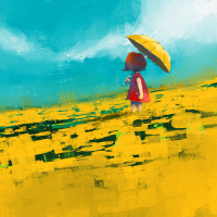 digital painting of red dress girl holding yellow umbrella in yellow flower field, acrylic on canvas texture