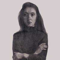 sketch of a woman with long hair crossing her arms