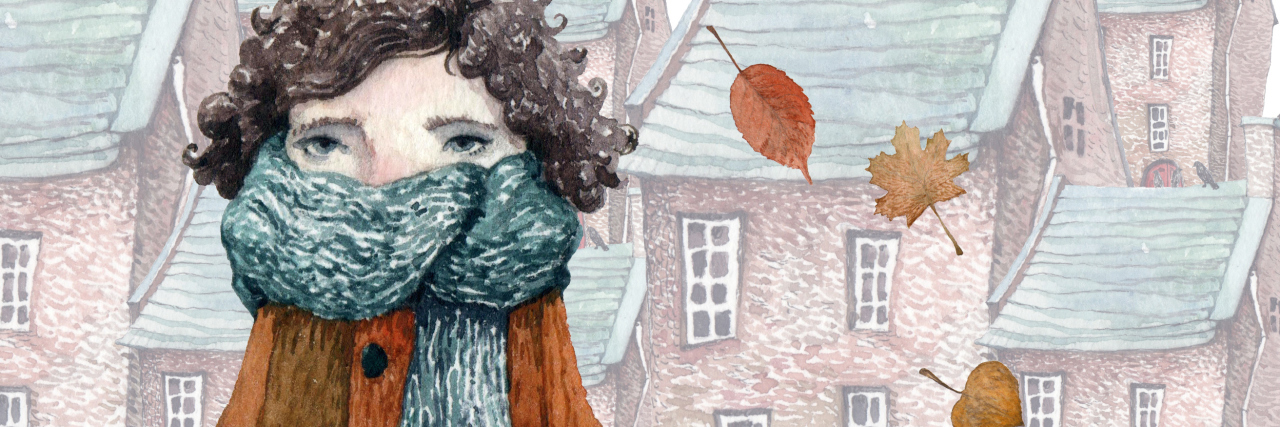 6 Things I Did as a Kid I Didn't Realize Were Because of Anxiety A watercolor illustration of a walking girl with her little dog and a crown - they are the best friends forever. It's autumn in the town and leaves are falling.