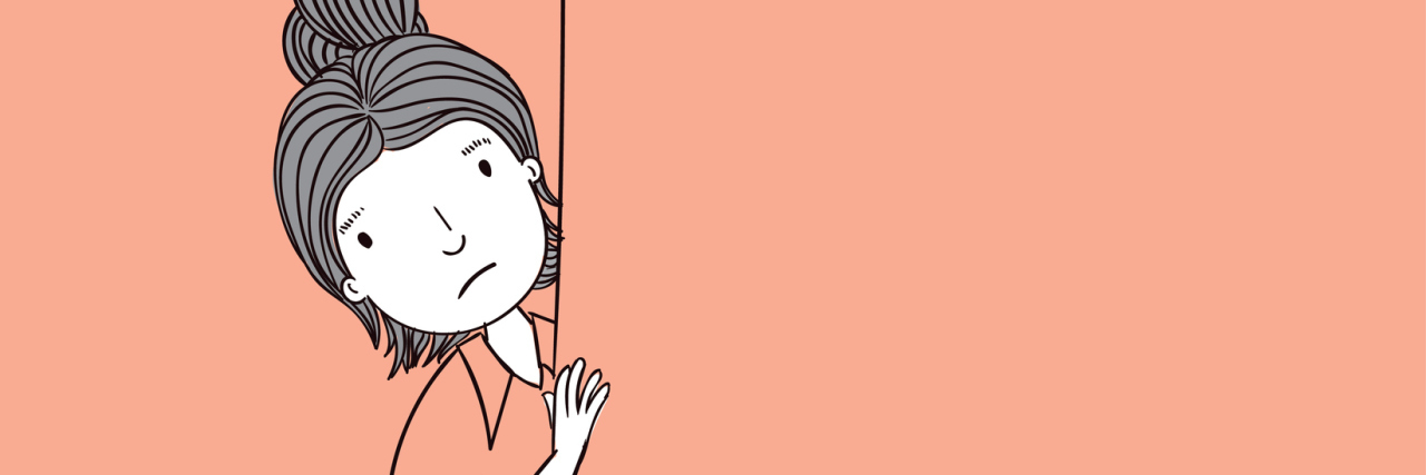 An illustration of a woman peeking around a corner with a frown on her face.