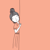 An illustration of a woman peeking around a corner with a frown on her face.