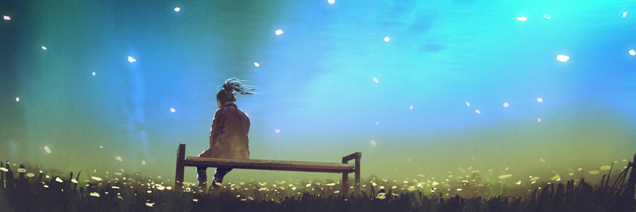 young woman sitting on a bench against beautiful sky, digital art style, illustration painting