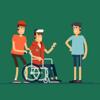 Young people, one using a wheelchair.