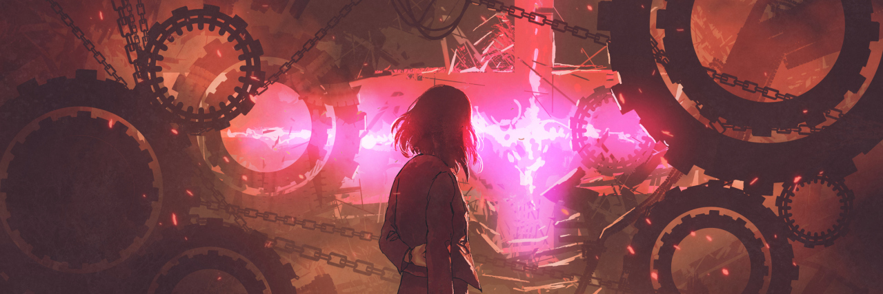 When PTSD Becomes Your Personal Hell on Earth back view of woman standing in old factory looking at the red light through gears, digital art style, illustration painting