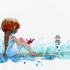 watercolor painting illustration set of girl in white dress with red paper birds and lighthouse, hand drawn on paper