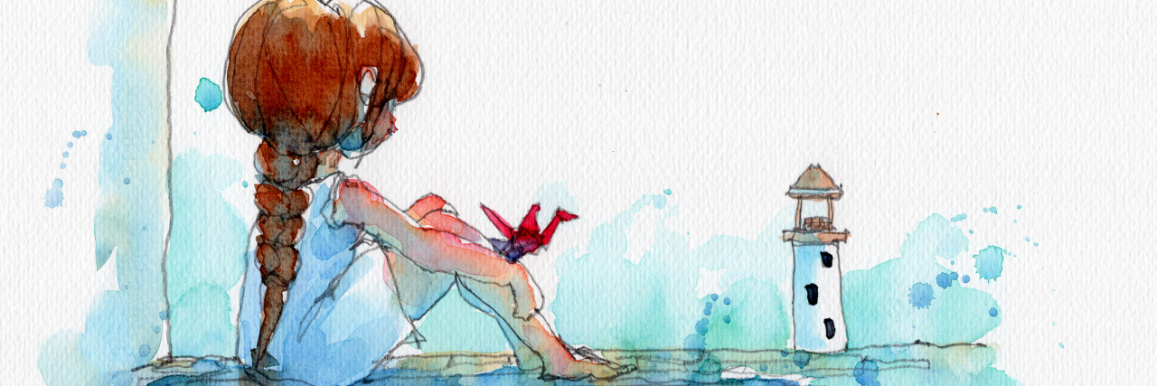 watercolor painting illustration set of girl in white dress with red paper birds and lighthouse, hand drawn on paper