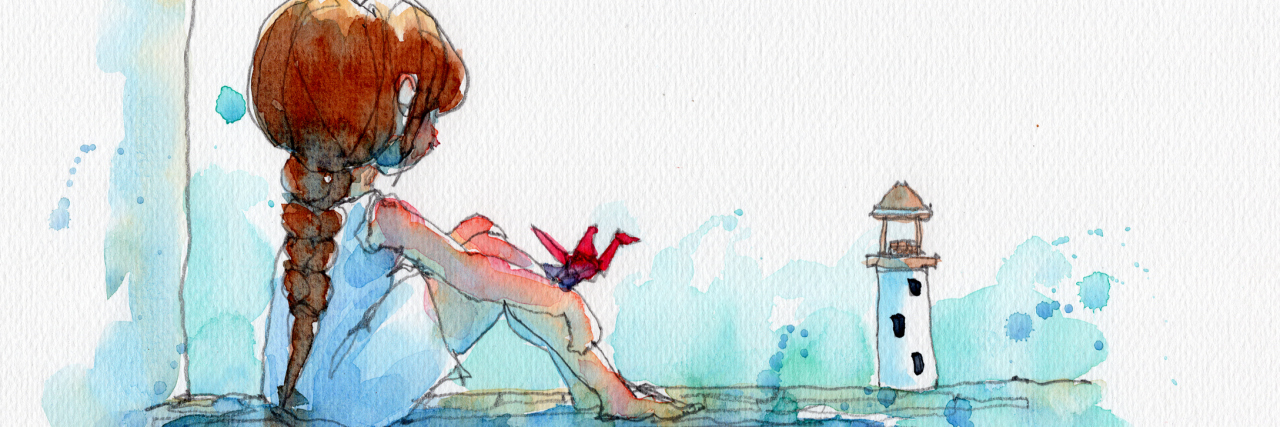 4 Reasons My Past Trauma Makes Me Seem Like a 'Quiet Person' watercolor painting illustration set of girl in white dress with red paper birds and lighthouse, hand drawn on paper