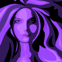 purple illustration of a woman with hair flowing out in all directions