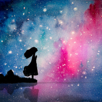 illustration of the silhouette of a girl standing at the edge of a lake and looking up at a pink and blue starry sky