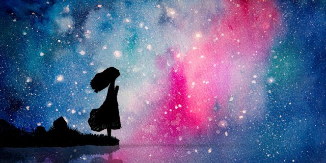 illustration of the silhouette of a girl standing at the edge of a lake and looking up at a pink and blue starry sky