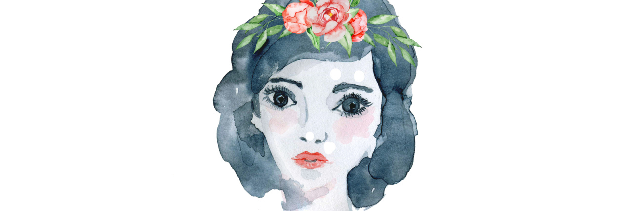 How Do I Capture My Ehlers-Danlos Syndrome Experience for Others? A watercolor image of a woman with dark hair and a red dress and headband on.