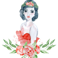 A watercolor image of a woman with dark hair and a red dress and headband on.