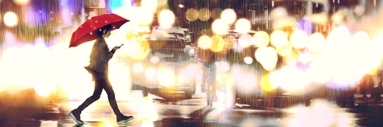 Overcoming the Shame of Being Diagnosed With a Personality Disorder young woman listening to music on her phone and holding a red umbrella crossing a city street in the rainy night, digital art style, illustration painting
