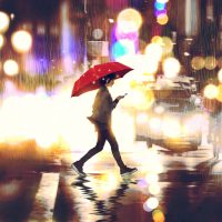 young woman listening to music on her phone and holding a red umbrella crossing a city street in the rainy night, digital art style, illustration painting