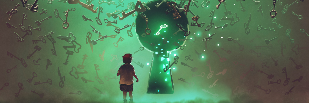 5 (False) Things People Assume About Depression little boy standing in front of the keyhole with the green light and many keys floating around him, digital art style, illustration painting