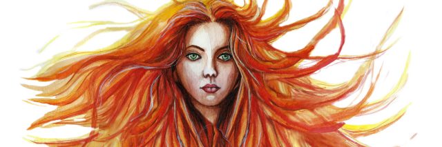 A water color image of a woman with long red hair and a serious expression.