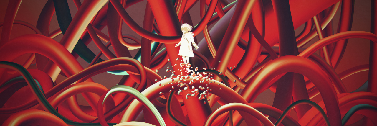 When Shame Is Your Constant Companion and Affects Your Mental Health girl in white floating among many red cables, digital art style, illustration painting