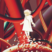 girl in white floating among many red cables, digital art style, illustration painting