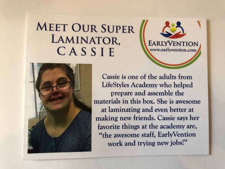 Card sent with photo of person who laminated the kit, a woman with Down syndrome