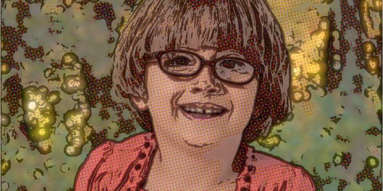 Cartoon-like image of Josephine Gay, a young girl with short brown hair, glasses and a pink shirt.