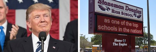 On the left, a picture of President Trump. On the right, a picture of a sign from Stoneman Douglas High School