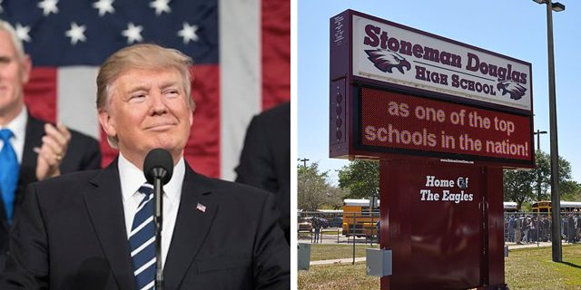 On the left, a picture of President Trump. On the right, a picture of a sign from Stoneman Douglas High School