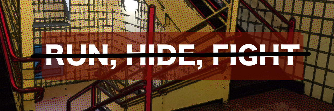 Schools Aren't Preparing Disabled Students for Active Shooters Cartoon-like illustration of a school stairwell. The words "run, hide, fight" are written in capital letters in white and crossed out with a black line.
