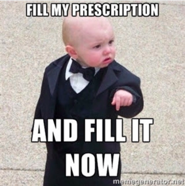 baby wearing a tuxedo saying 'fill my prescription and fill it now'