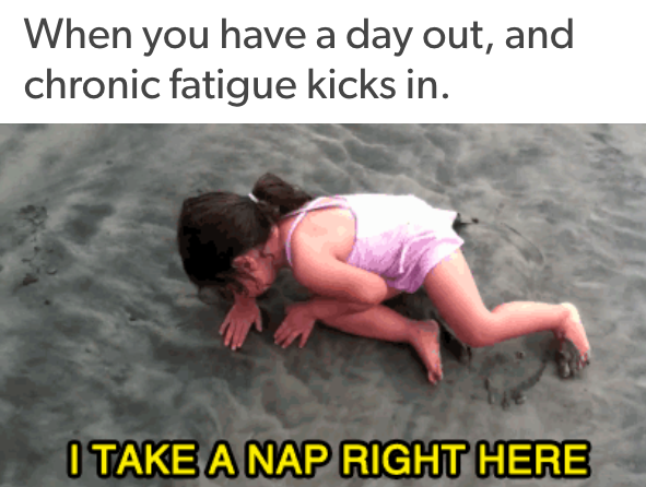 when you have a day out, and chronic fatigue kicks in: girl lying down in the sand on the beach and saying "i take a nap right here"