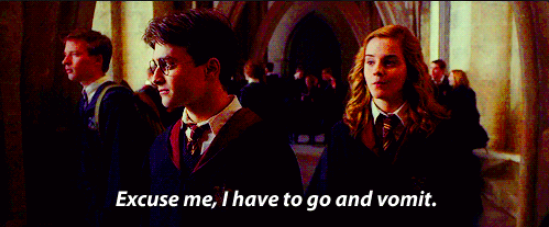 hermione granger standing next to harry potter and saying, 'excuse me, I have to go and vomit'