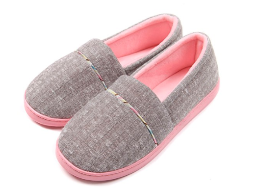 gray house slippers with pink insole
