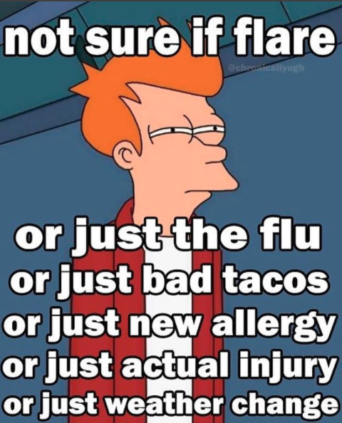 futurama fry meme not sure if flare or just the flu of just bad tacos or just new allergy or just actual injury
