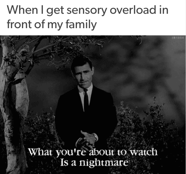 when I get sensory overload in front of my family: with a black and white image of a man saying 'what you're about to watch is a nightmare'