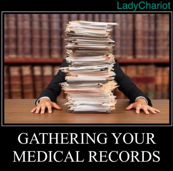 man with a very tall stack of file folders in front of him and the caption: 'gathering all your medical records'