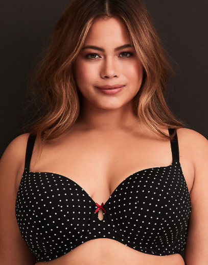 torrid bra with black and white polka dot design