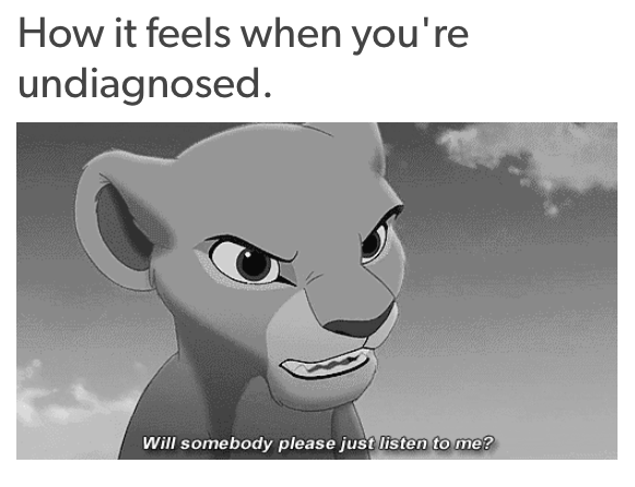 how it feels when you're undiagnosed. with a photo from the lion king of a lion saying 'will somebody please just listen to me?"