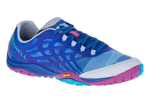 blue and pink merrell trail running shoe