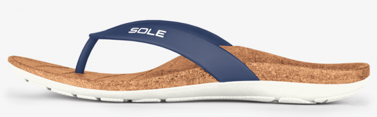 sole brand flip flop with blue strap and brown insole