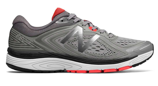 new balance running shoe in gray and red