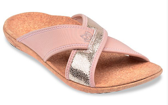 spenco brand sandal with pink and silver straps