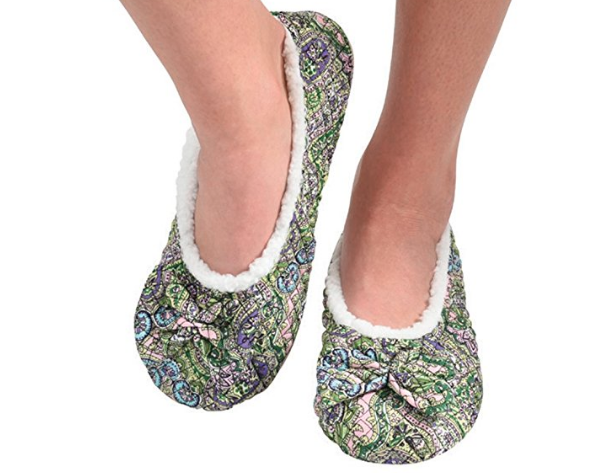snoozies slippers in green floral ballet slipper style