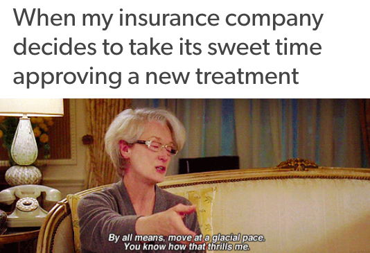 when my insurance company decides to take its sweet time approving a new treatment... with miranda priestly saying "oh by all means, move at a glacial pace, you know how that thrills me"