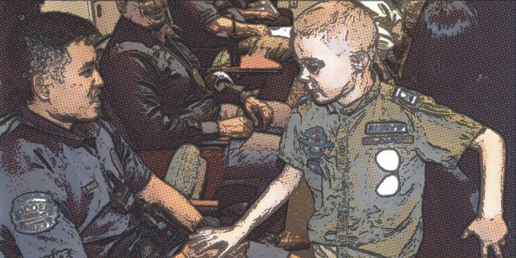 Cartoon-like image of a young boy touching a police officer.