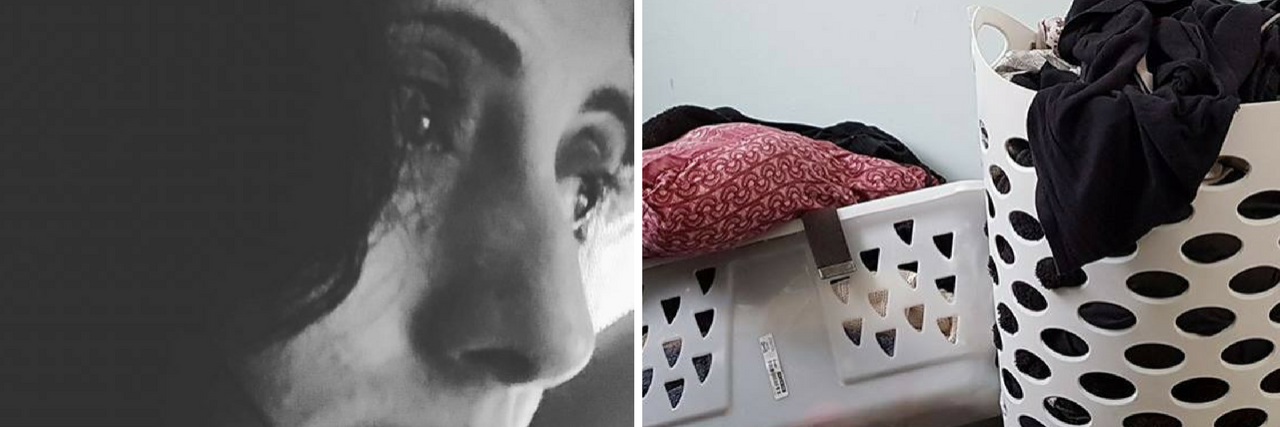 16 Honest Photos of the Embarrassing Symptoms of Fibromyalgia black and white photo of a woman looking away, and a photo of two overflowing laundry baskets