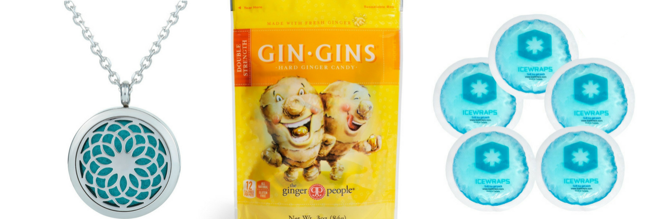 14 Products That Help People With Chronic Illness Manage Nausea essential oil diffuser necklace, gin gins chewy candy, and gel ice packs